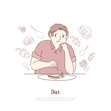 Mutsuz obez adam fasulye yeme, lezzetli hamburger ve patates kızartması, kilo kaybı, sağlıklı beslenme afiş hakkında rüya