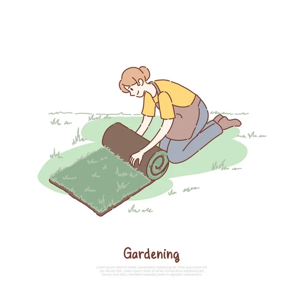 Jardinero femenino en delantal, mujer joven con rollo verde fresco, instalación de césped, paisajismo, pancarta de jardinería — Vector de stock
