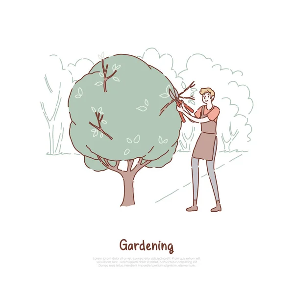 Joven cortando arbustos, chico en delantal sosteniendo tijeras, cuidado de plantas, trabajador de servicios de jardinería, pancarta de horticultura de verano — Vector de stock