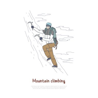 Alpinist dağcılık araç ve gereçleri, buz tırmanışı, ekstrem spor, aktif tatil afişi kullanarak