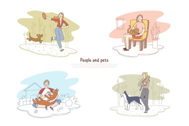 İnsanlar ve evcil hayvanlar, köpekle yürüyen adam, kedi ile oynayan kadın, insan ve hayvan dostluk afiş şablonu