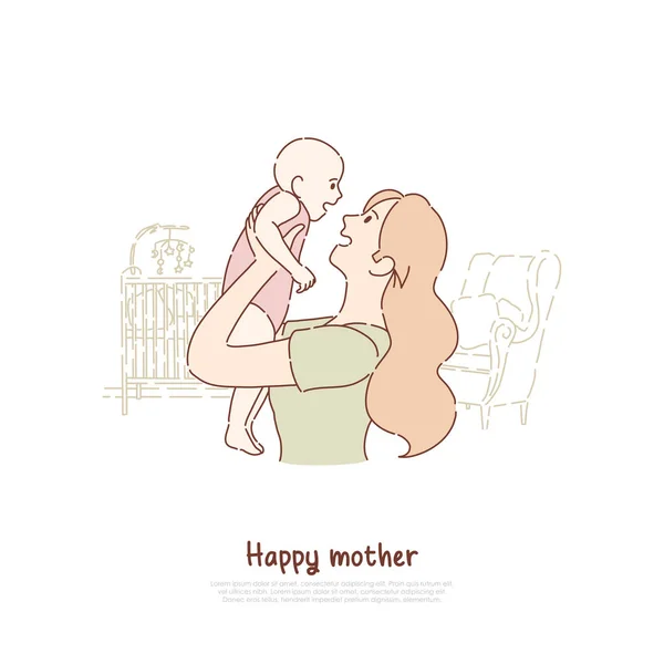 Šťastná matka drží novorozence, veselou dámu, jak si pohrává s batole, ženské štěstí, hlídání dětí a rodičovství — Stockový vektor
