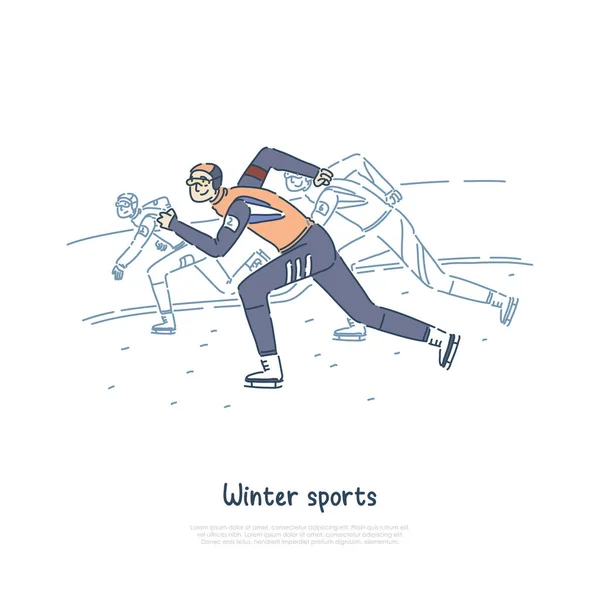 Young sportsman on ice track, professional skaters racing for championship, people on rink, speed skating banner — Stock Vector