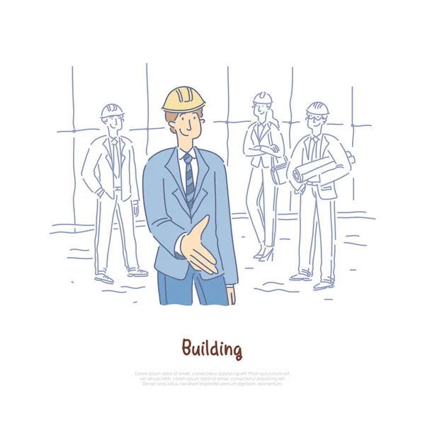 Ingénieur du bâtiment, équipe d'architectes, coworking d'équipe, partenaires commerciaux, homme d'affaires donnant main pour bannière de poignée de main — Image vectorielle