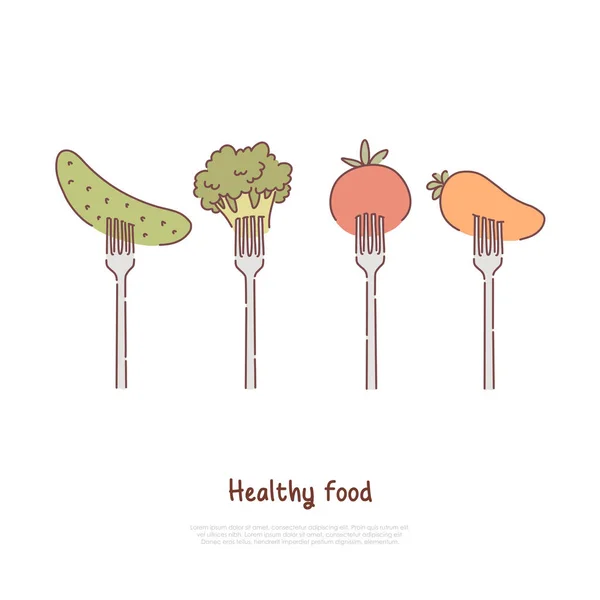 Alimentos saudáveis, comer, vegetais crus e cozidos no vapor, pepino, brócolis, tomate, cenoura em forquilhas banner — Vetor de Stock