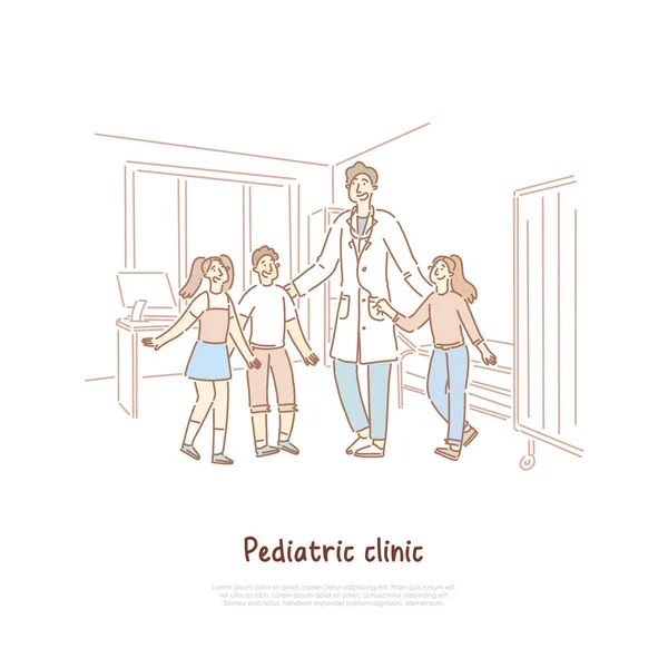 Smiling doctor in white coat and happy kids standing together, health care, children hospital banner - Stok Vektor