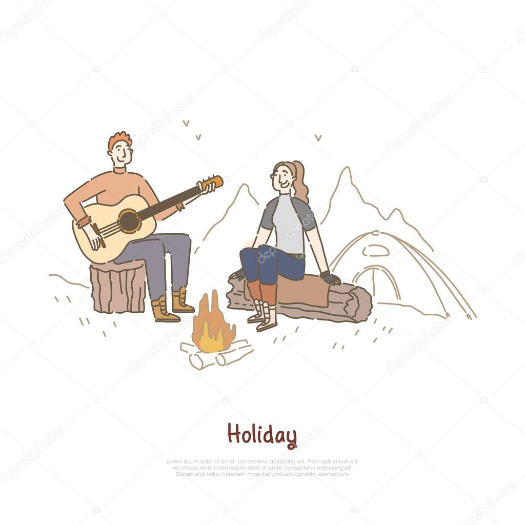 Young couple sitting together by campfire, man playing guitar, people on camping journey, tourism banner