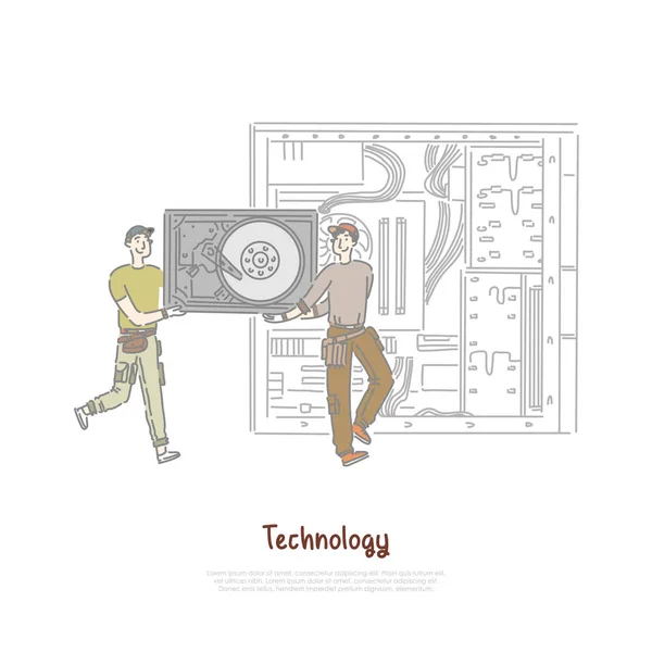 Крихітні працівники, що тримають апаратну частину, заміну HDD, магазин технологій ремонту, банер обслуговування комп'ютера — стоковий вектор