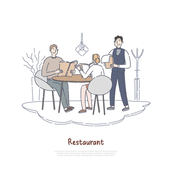 Пара знайомств в ресторані, хлопець і дівчина вечеряють в кафе, замовляють їжу, колеги на банері перерви — стоковий вектор