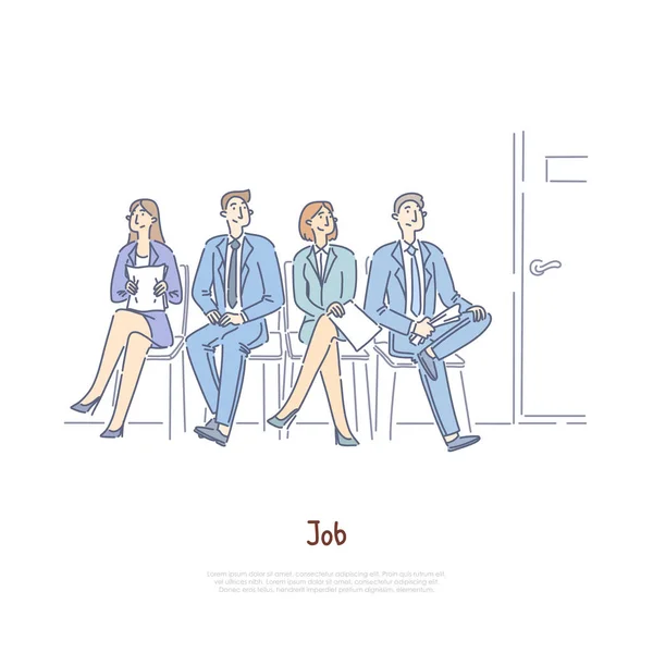 Bezrobotni mężczyźni i kobiety siedzący w pokoju oczekacyjnym, konkurs na wakat, Agencja pracy, banner serwisu rekrutacyjnego — Wektor stockowy