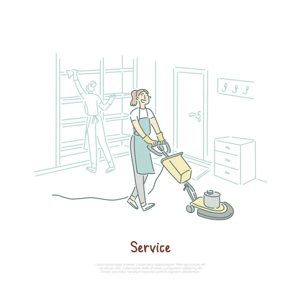 Temizlik hizmeti, kadın hizmetçi temizlik otel odası, daire, ev hanımı elektrik süpürgesi afiş kullanarak — Stok Vektör