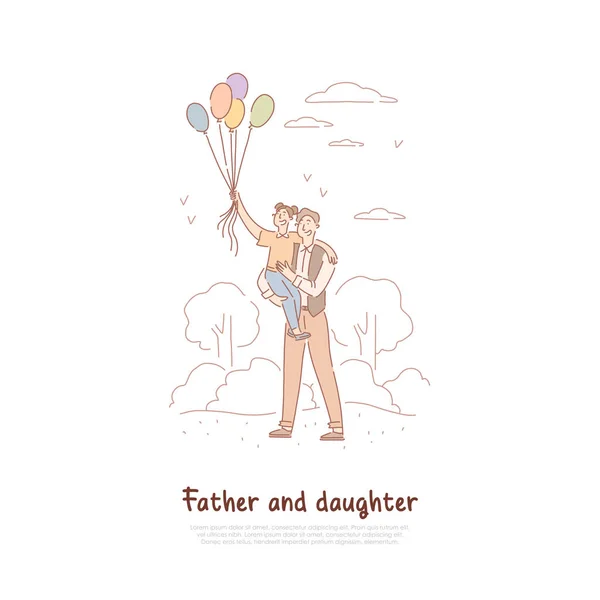 Otcův svátek, otec a dcera s balónky v parku, rodinné svátky, otec a dcera nápis kratochvílí — Stockový vektor