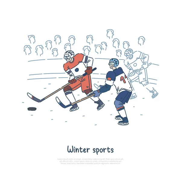 Hokej mecz, profesjonalne sportowcy noszenie sprzętu ochronnego, zawodników na szablonie banner lodowisko — Wektor stockowy