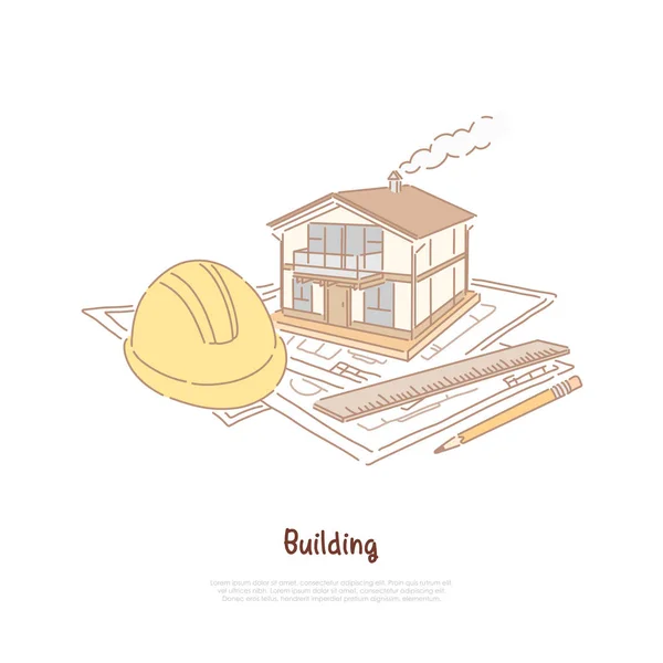 Bauindustrie, Immobilienagentur, modernes Hausmodell auf Projektentwürfen, Banner für Immobilieninvestitionen — Stockvektor