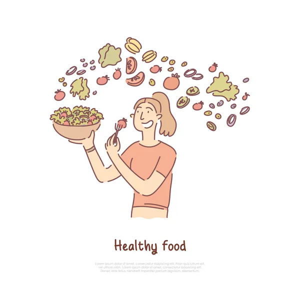 Healthy food, woman eating vegetables salad, vegetarian diet, vitamins and nutrition rich veggies banner — Stock Vector