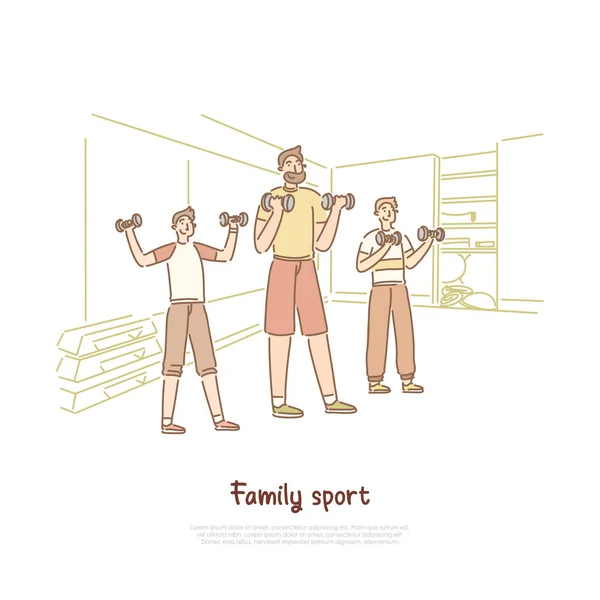 Сімейний вид спорту, батько з синами, що піднімають вагу, здоровий спосіб життя, навчання батьків та дітей у шаблоні банера для спортзалу — стоковий вектор