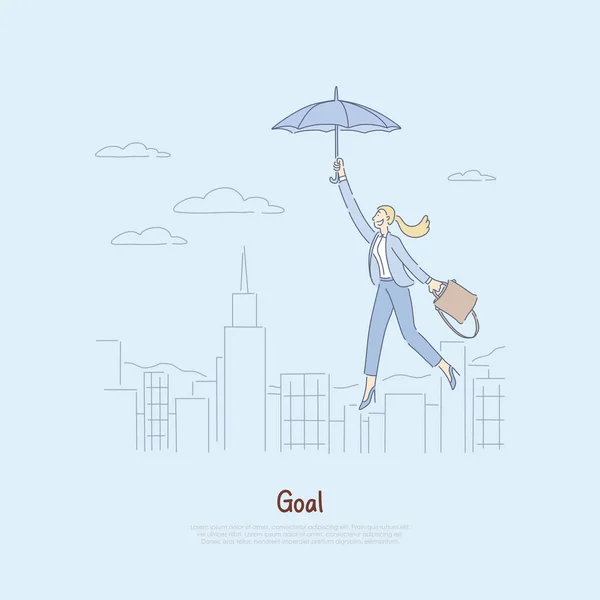 Frau, die auf Regenschirm über der Stadt schwebt, sich inspirieren lässt, um Erfolg, persönliches Wachstum, Errungenschaften, Selbstentwicklungsarbeit zu erreichen — Stockvektor