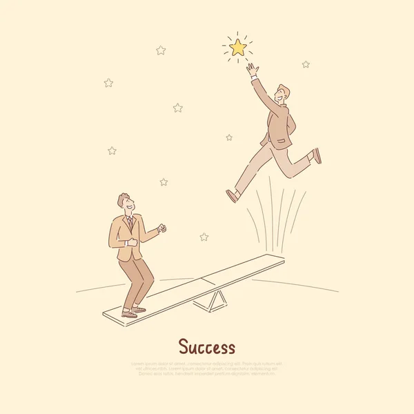 People jumping on seesaw attraction, reaching for stars, achieving goals together, businessmen using teamwork to reach goals banner — Stock Vector