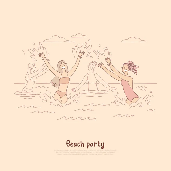 Lányok táncolnak a tengerben, élvezi nyári vakáció, Beach party szórakozás, ünneplés banner — Stock Vector