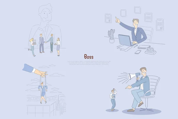 Man thinking about his employees, angry manager sitting in office, businesswoman controlled by hand, superior shouting at worker banner — Stock Vector