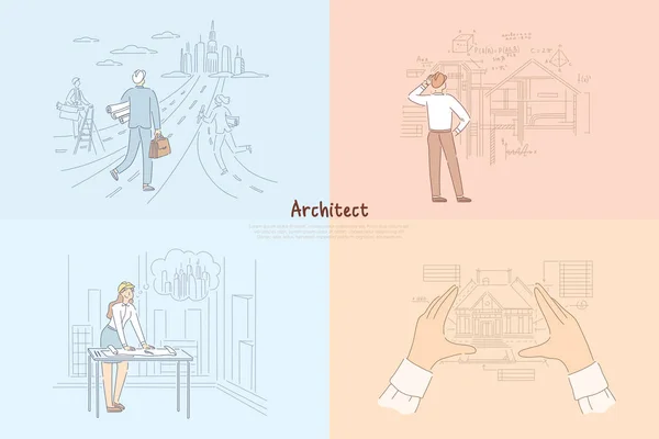 Архитектор творческого процесса, мужчина, идущий к будущему городскому проекту, женщина, проектирующая городской пейзажный баннер — стоковый вектор