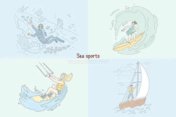 Buceador bajo el agua, surfista olas de montar, boardsport kitesurf mujer adjunta al paracaídas, vela en la bandera del mar — Vector de stock
