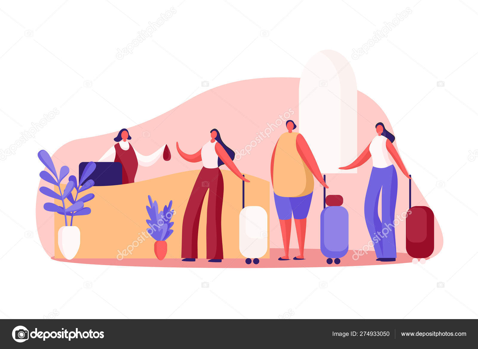 Women With Luggage At Guesthouse Front Desk Inn Administrator