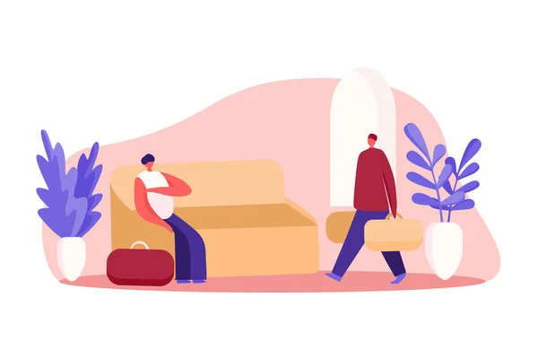 Reizigers met bagage te wachten op registratie, jonge vrouw zittend op Bank, man houdt bagage, Guesthouse Lounge zone — Stockvector