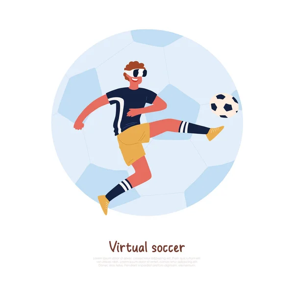 Футболіст в гарнітурі віртуальної реальності, штовхаючи футбольний м'яч, молодий чоловік грає на відкритому повітрі банер гри — стоковий вектор