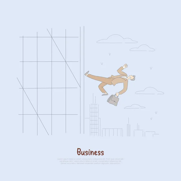 Happy businessman with briefcase, company employee runs up building wall, promotion metaphor, corporate success banner — Stock Vector