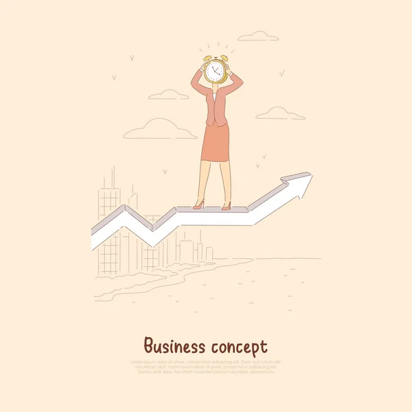 Erfolgreiche Geschäftsfrau mit Wecker am Kopf, der auf aufsteigendem Pfeil steht, surreales Zeitmanagement-Banner — Stockvektor