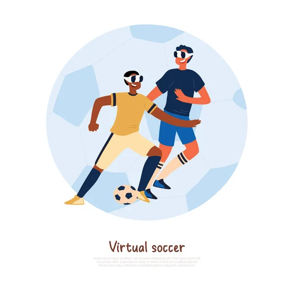Веселые подростки в спортивной одежде и очках, дети играют в виртуальный футбол, цифровой спортивный баннер — стоковый вектор