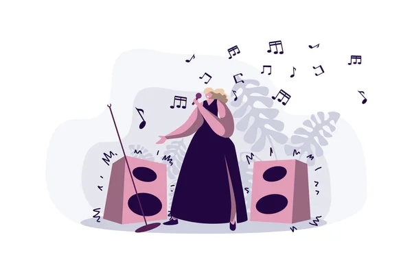 Επαγγελματίας τραγουδιστής τραγούδι παράσταση, νεαρή γυναίκα σε φόρεμα κρατώντας μικρόφωνο, θηλυκό ποπ σταρ, Καραόκε — Διανυσματικό Αρχείο