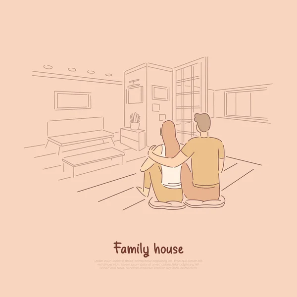Pareja sentada en el apartamento juntos, hombre abrazando a la mujer en el piso de la sala de estar, lindo pasatiempo para los amantes banner — Archivo Imágenes Vectoriales
