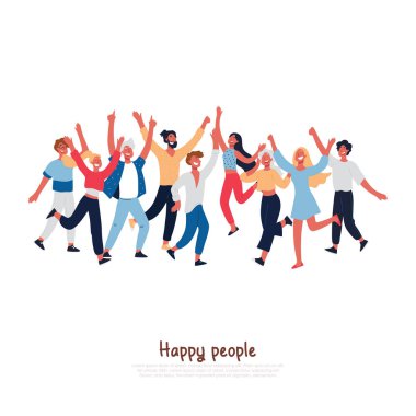 Neşeli gesturing ile Mutlu insanlar, gülümseyen yetişkinler, heyecanlı genç erkek, kız atlama, müzik festivali ziyaretçiler idans afiş