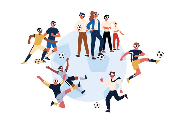 Jugadores de fútbol con auriculares de realidad virtual, futbolistas masculinos y femeninos en gafas VR pateando el balón — Vector de stock