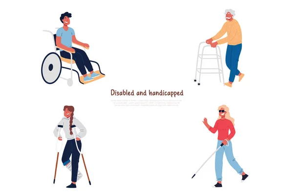 Personas discapacitadas y discapacitadas en silla de ruedas, con muletas, anciano con andador, ceguera, pancarta de mala visión — Archivo Imágenes Vectoriales