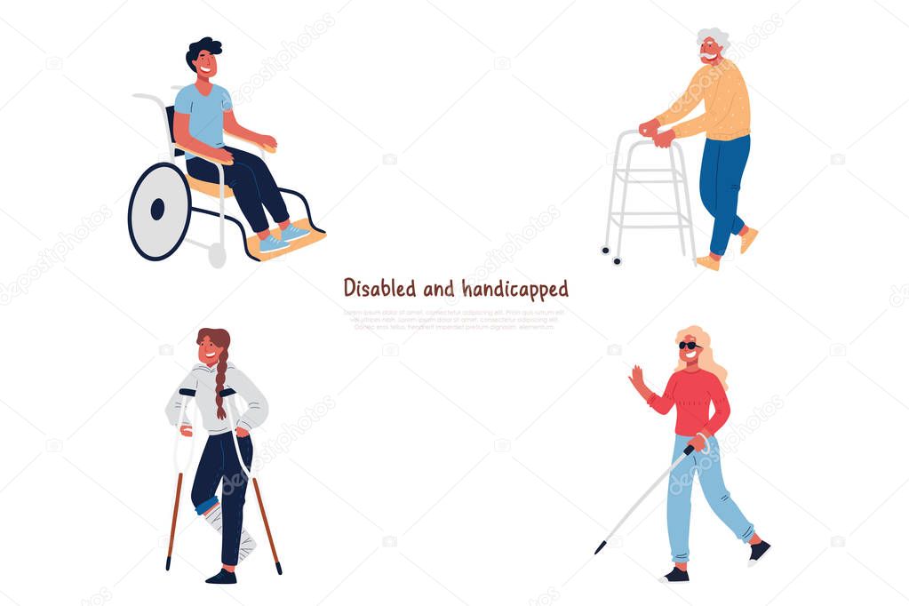 Disabled and handicapped people in wheelchair, with crutches, elderly man with walker, blindness, poor vision banner