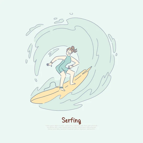 Chica en tabla de surf olas de equitación, surfista femenina disfrutando del deporte activo, fan del surf tener bandera de la diversión — Vector de stock