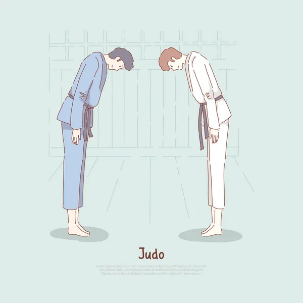 Escuela de judo, los combatientes se inclinan, inician o terminan el combate, clases de defensa personal, artes marciales orientales, banner de dojo de karate — Vector de stock