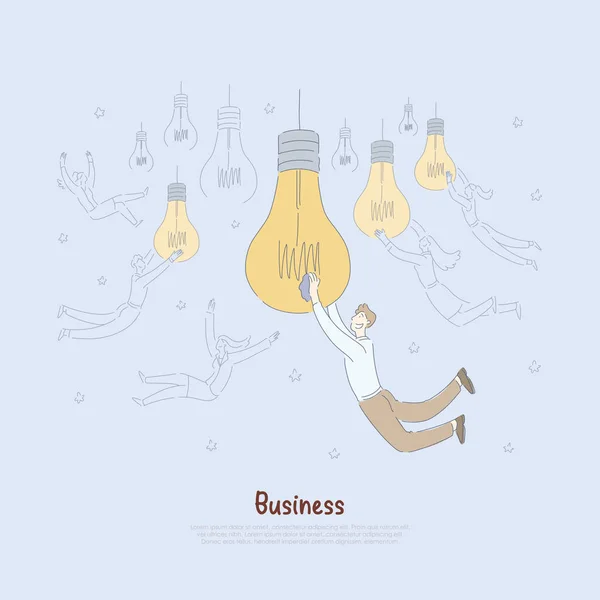 Jovens empreendedores segurando lâmpadas grandes, metáfora de geração de ideia de inicialização criativa, banner de brainstorm —  Vetores de Stock