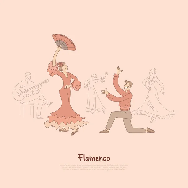 Bailarinas profesionales, mujer elegante en vestido rojo interpretando flamenco, danza tradicional española, banner espectáculo de entretenimiento — Vector de stock