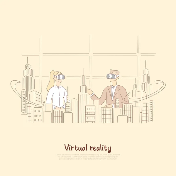 Колеги в окулярах vr обговорюють архітектурний проект, міську голограму, футуристичну коворкінг, банер віртуальної реальності — стоковий вектор