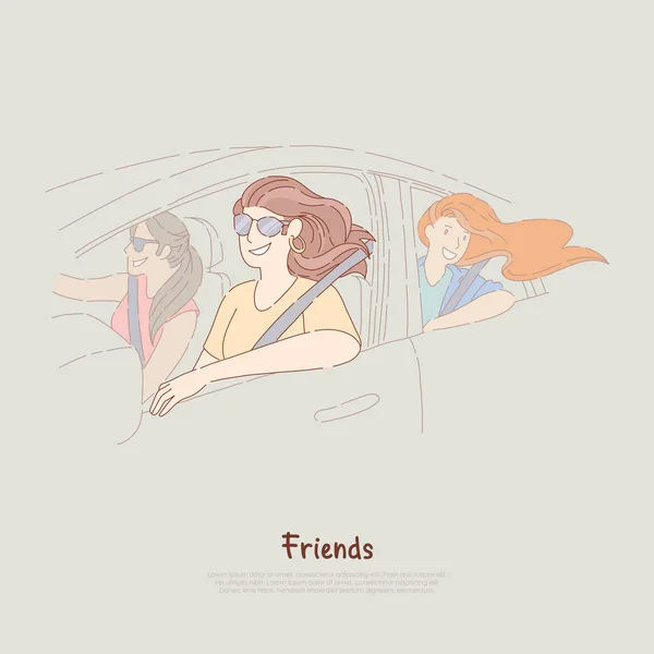 Jovens namoradas em viagem de carro, mulheres felizes passeio no carro, amizade feminina, viagem de verão, banner de aventura —  Vetores de Stock