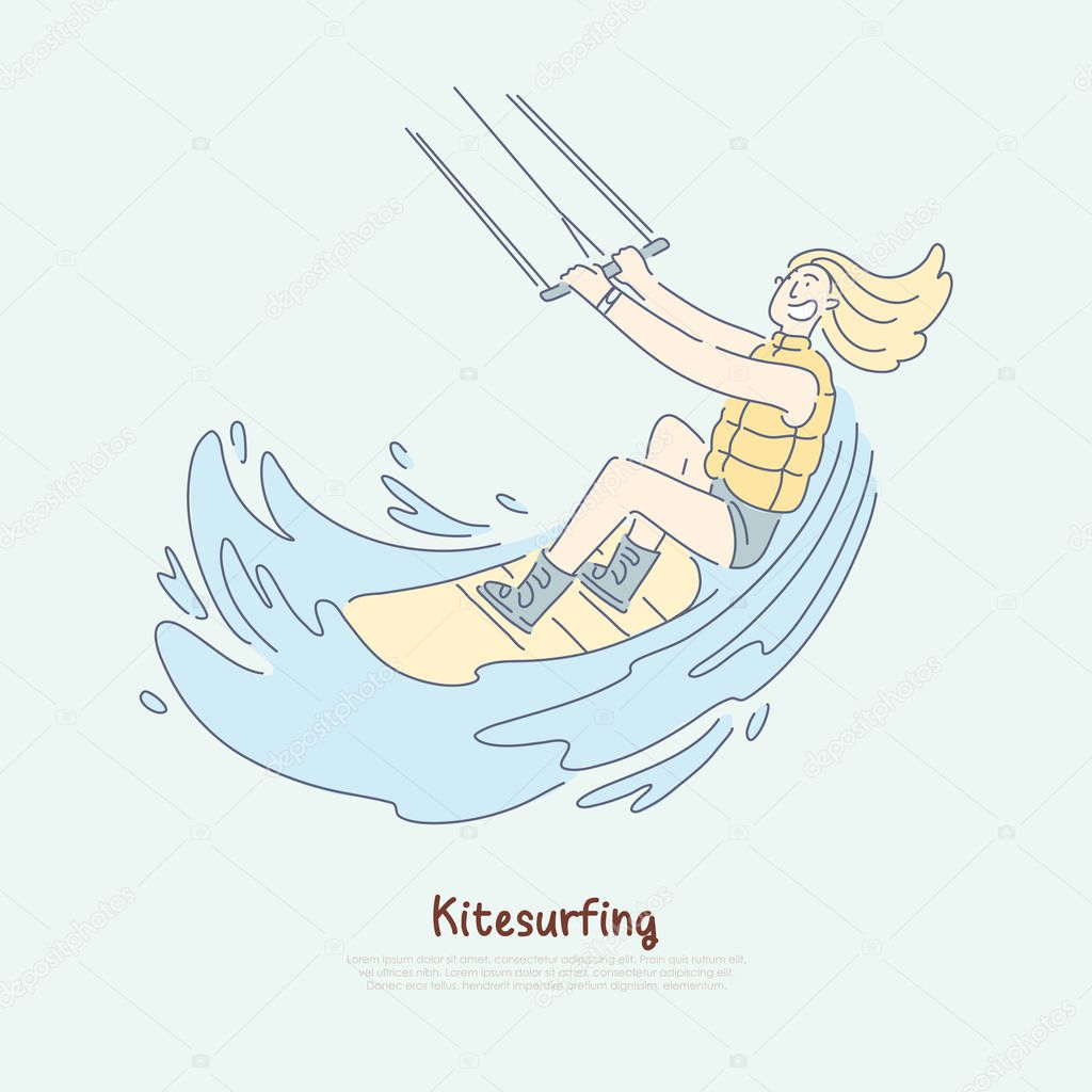 Kitesurfing fan enjoying vacations, female surfer riding kite wearing life jacket, extreme hobby banner