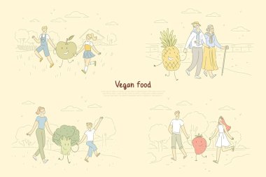Vegan gıda hayranları, insanlar meyve ve çilek metafor, kawaii brokoli, çocuk afiş ile elma ile yürüyüş