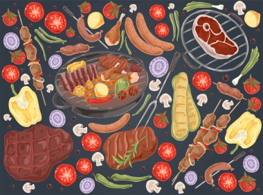 Roasted meat with vegetables, grilled steak, shashlik, chicken legs, cooked ribs, grilled sausages, tasty bbq set vector Roasted meat with vegetables, grilled steak, shashlik, chicken legs, cooked ribs, grilled sausages, tasty bbq set vector