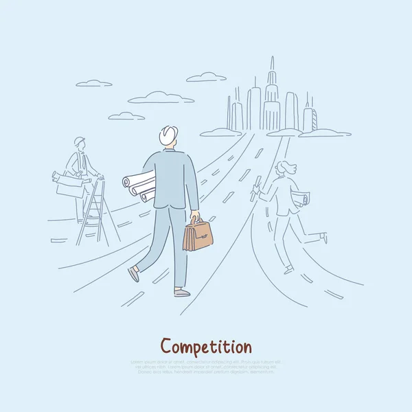 Конкуренция на рынке труда, борьба за карьерные возможности метафора, архитекторы, дизайнеры, предлагающие проекты баннер — стоковый вектор