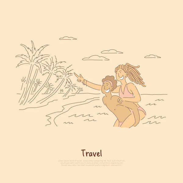 Homem carregando mulher em suas costas perto do mar, casal se divertindo na praia da ilha tropical, banner atividades de verão —  Vetores de Stock