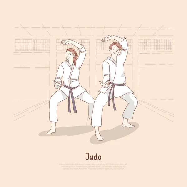 Jóvenes en formación de kimono en dojo, formador y estudiante, hombre y mujer practicando karate, banner de clases de autodefensa — Vector de stock